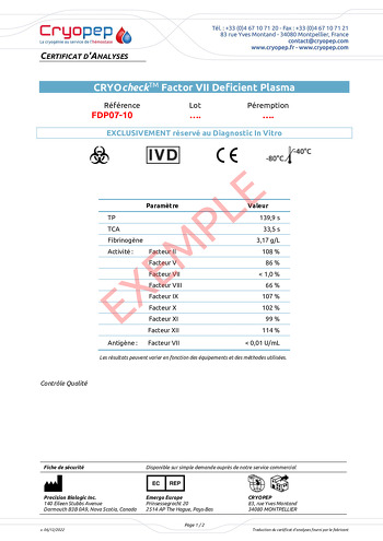 Certificat d'analyses CRYOcheck™ Factor VII Deficient Plasma